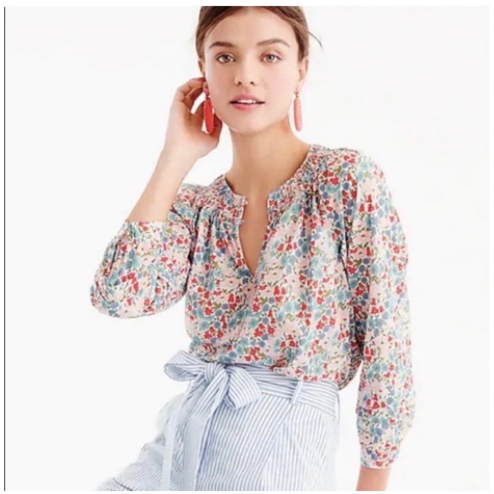 J.Crew x Liberty Fabric Floral Blouse Womens 2 Pink Blue Smocked Cotton Top